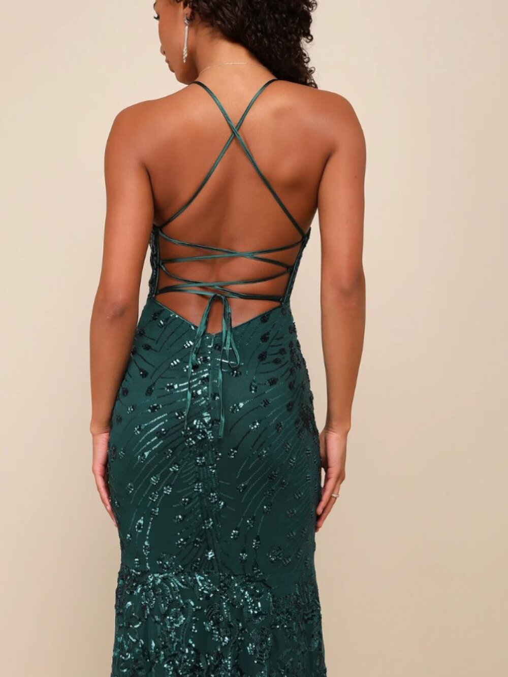 Lulus Photo Finish Forest Green Sequin Lace-Up Maxi Dress - Picture 2 of 4
